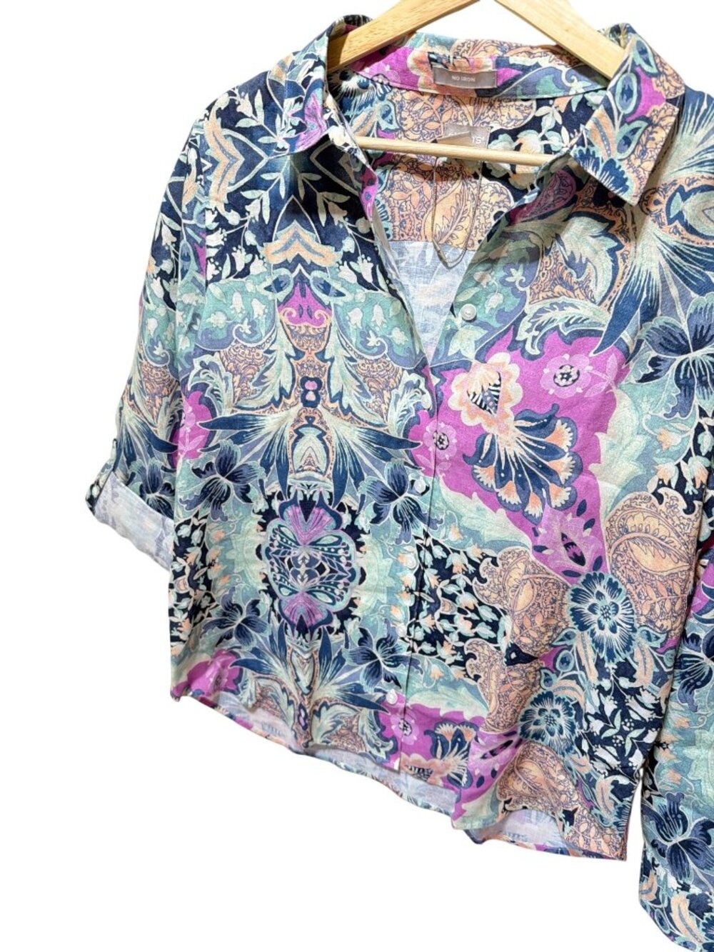 Chico's NWT Floral Paisley Button-Up 100% Linen Shirt Multicolor Roll-Tab Sleeve